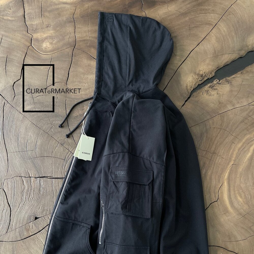 Vetements: GRAIL Multi Cargo Pocket Zip Army Military Black Hoodie SS24